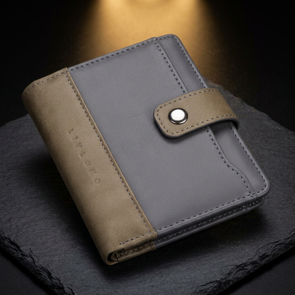 Close-up of the LIVLOKO London small vegan leather billfold wallet showing the press stud, stitching and logo