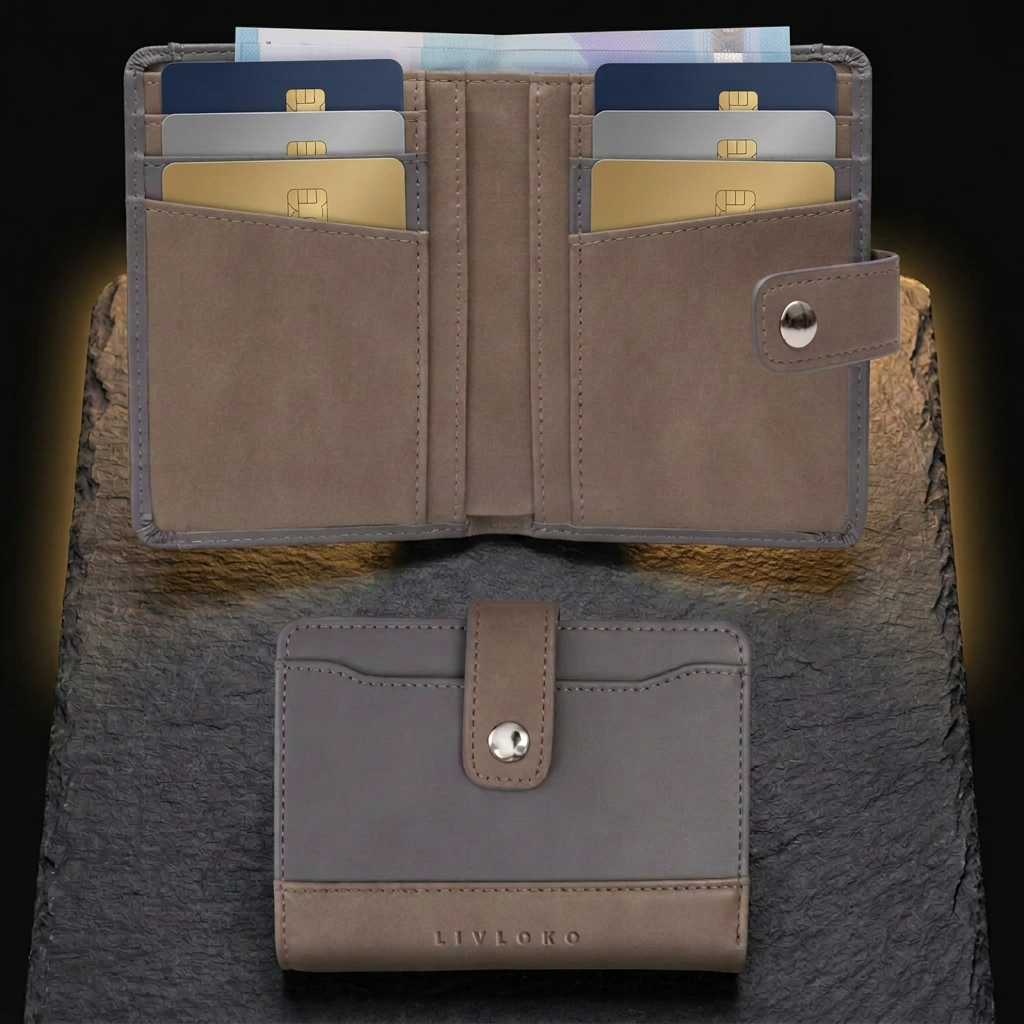 LIVLOKO London small vegan leather RFID billfold wallet open in use with cards and banknotes