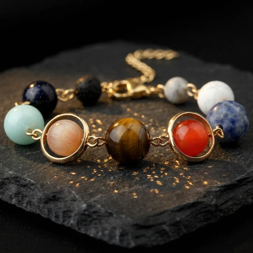 Close-up of the planet stone beads in gold plated rings on the Livloko London solar system bracelet