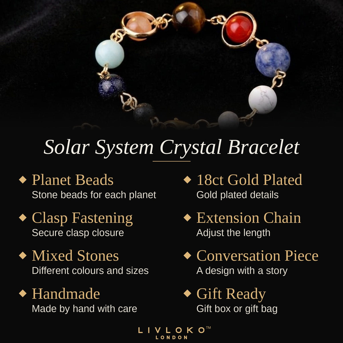 Key features of the Livloko London solar system crystal bracelet: planet beads, 18ct gold plated, clasp, gift ready