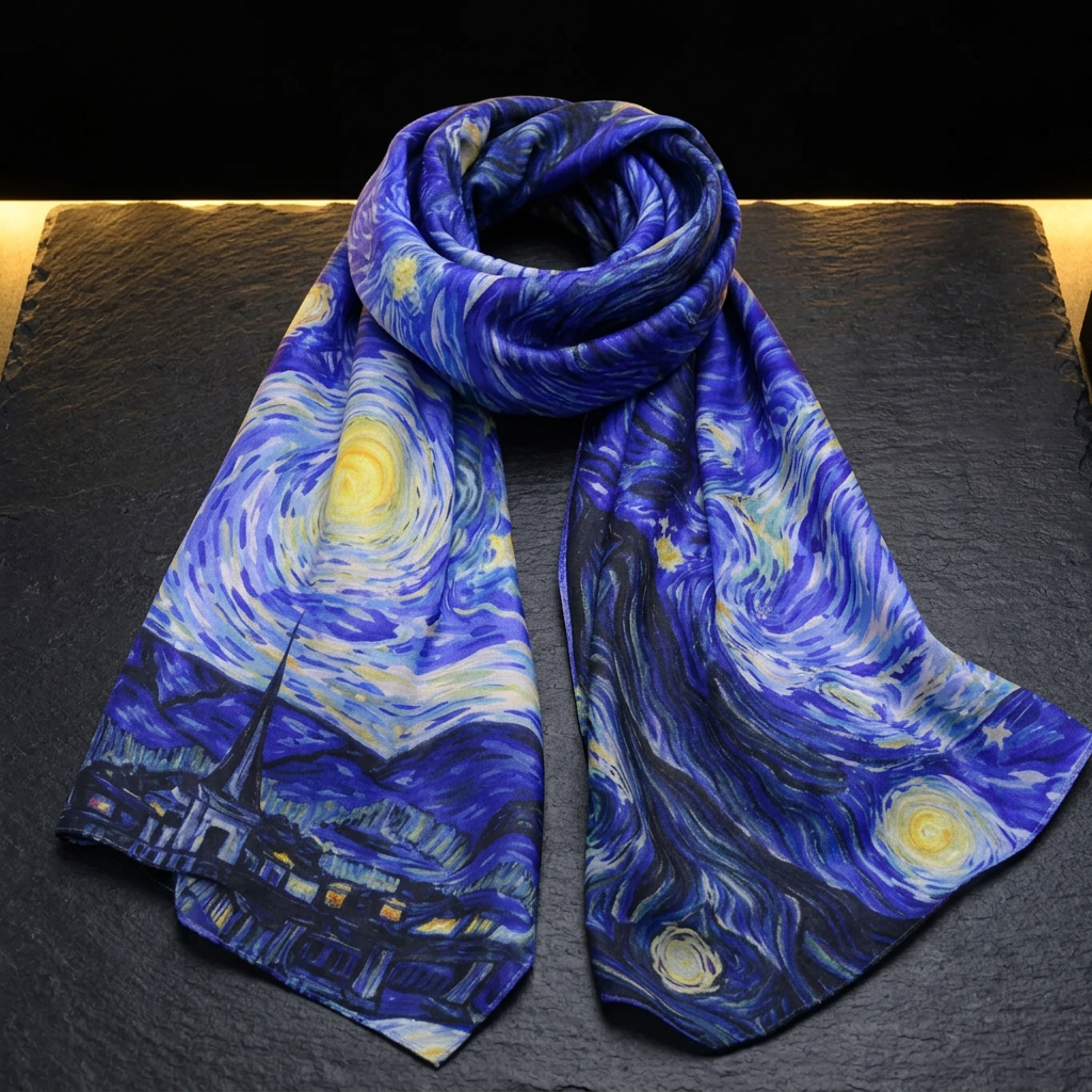 Starry Night blue satin scarf for women with swirling night sky print, laid flat on dark slate