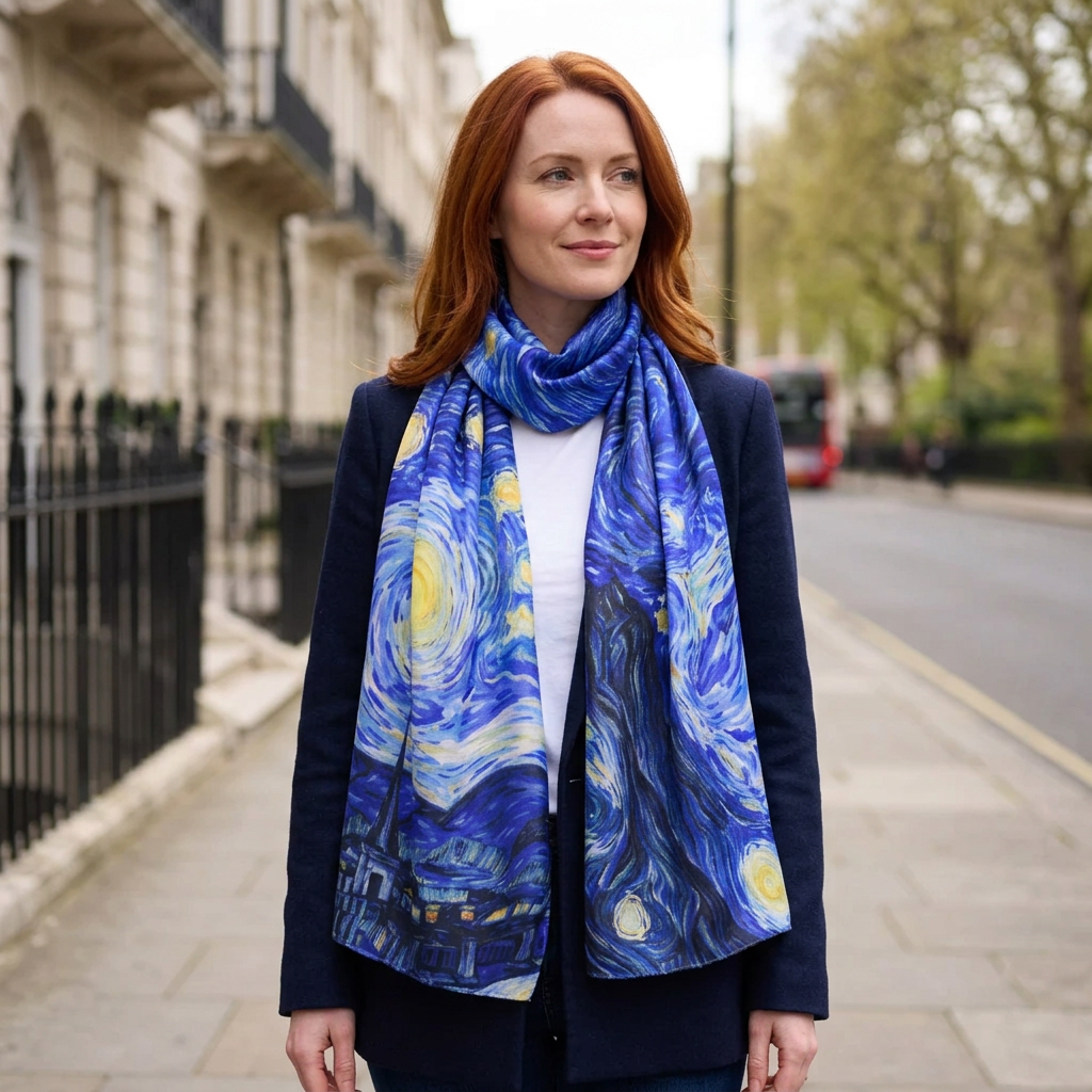 Woman in a navy blazer wearing the Starry Night blue satin scarf on a London street