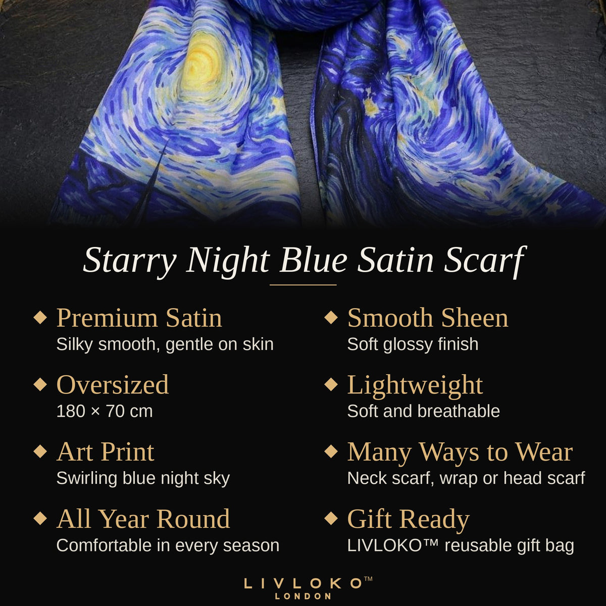 Key features of the Starry Night blue satin scarf: premium satin, 180 × 70 cm, lightweight, many ways to wear