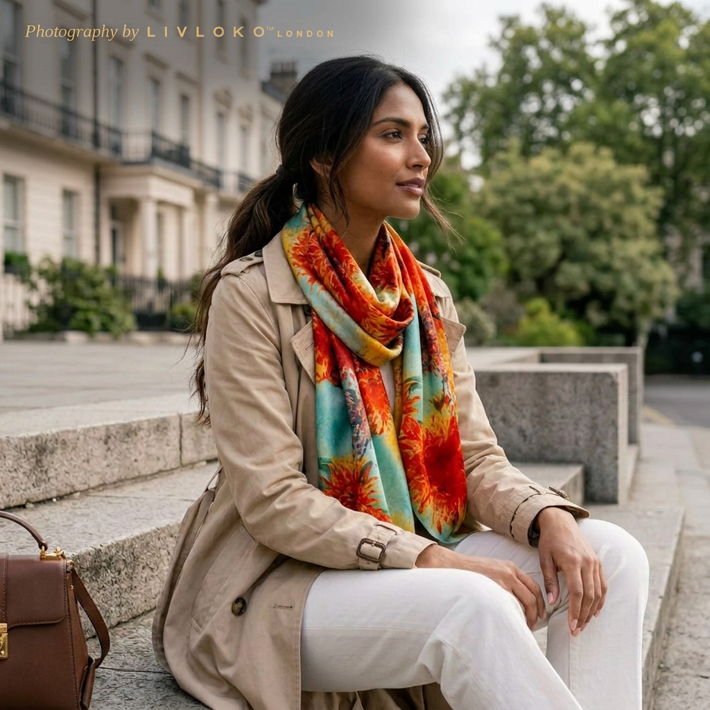 Woman wearing the LIVLOKO London sunflower satin scarf in London