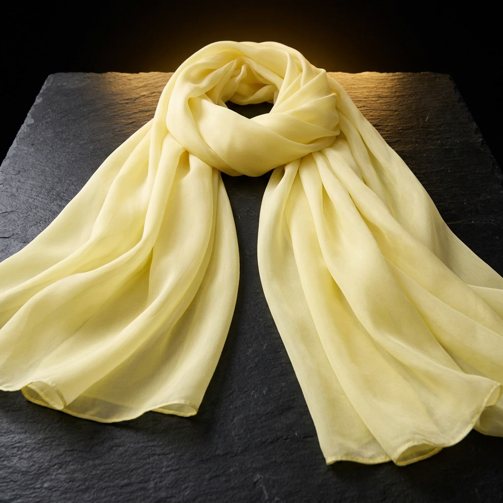 Sunshine yellow satin scarf for women, laid flat on dark slate