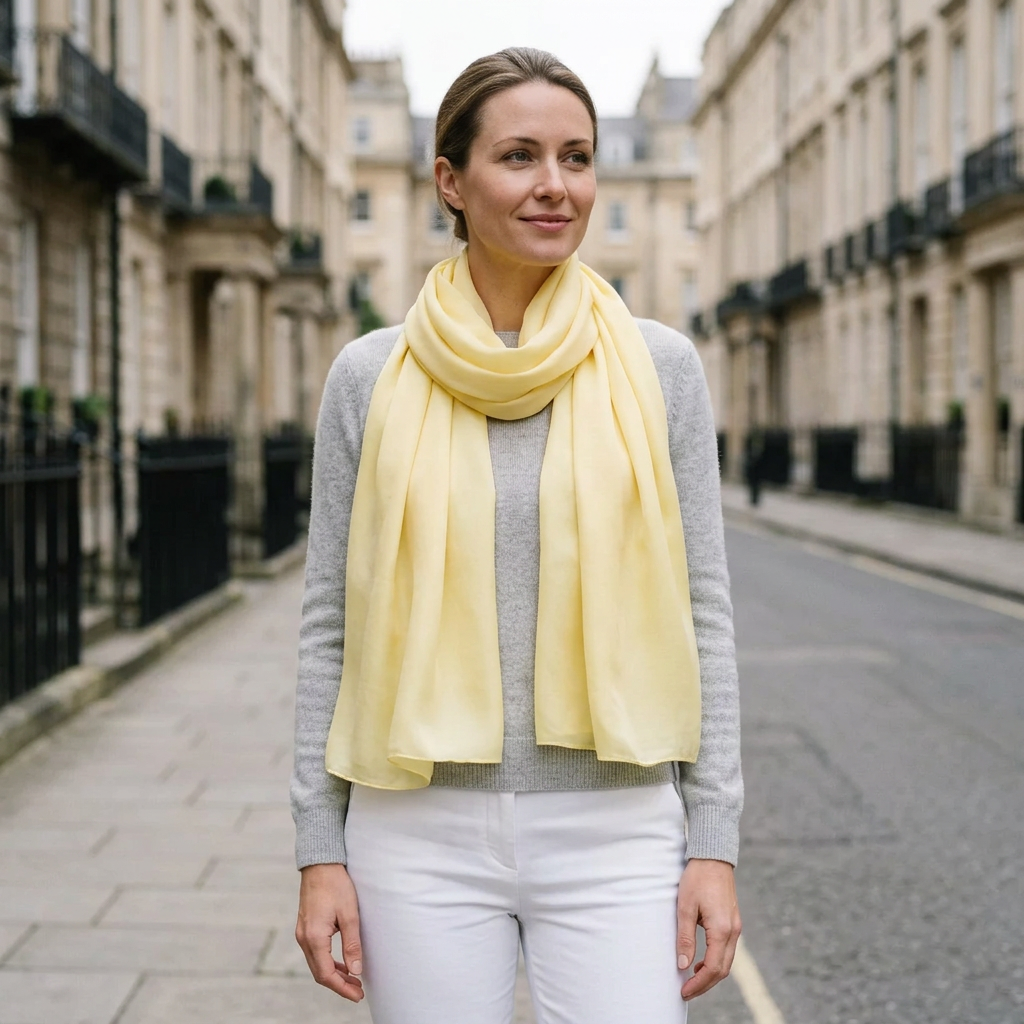 Woman wearing the Livloko London sunshine yellow satin scarf, 180 x 70 cm, looped once at the neck