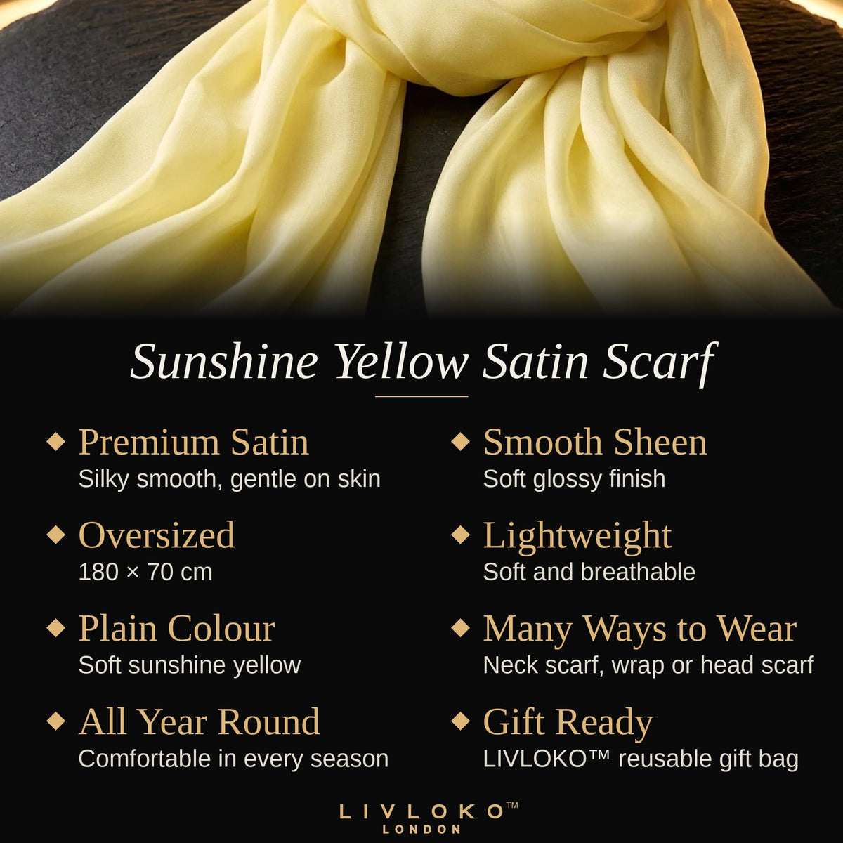 Key features of the sunshine yellow satin scarf: premium satin, 180 × 70 cm, lightweight, many ways to wear
