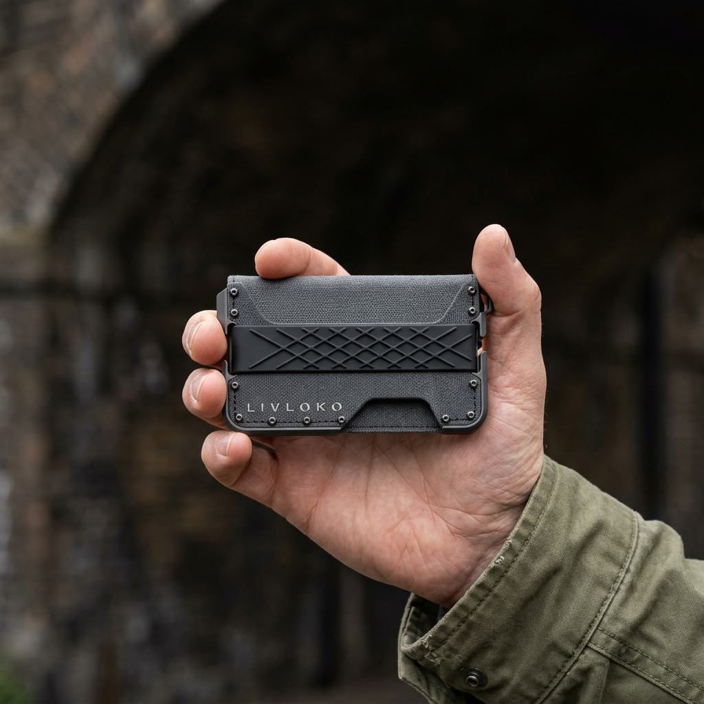 Man holding the LIVLOKO London tactical metal RFID card holder wallet in black