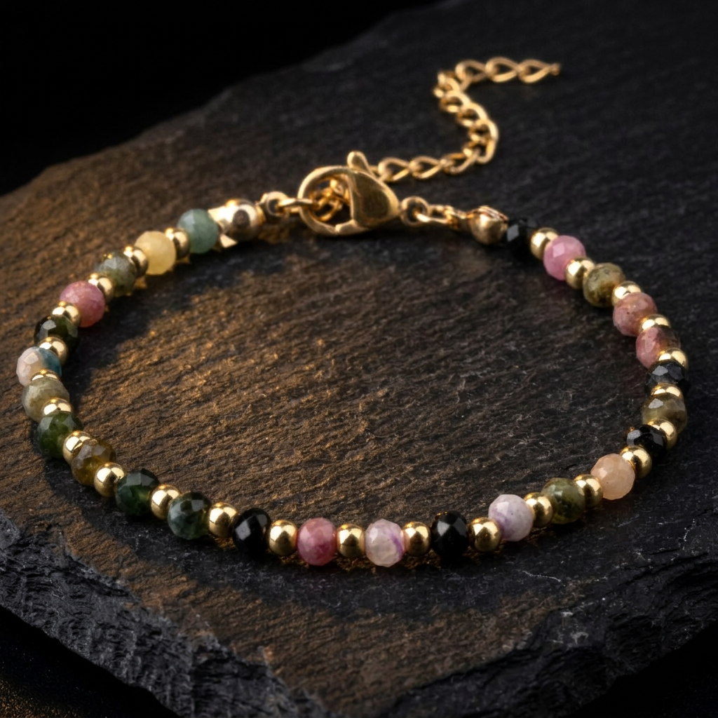 Tourmaline crystal bracelet for women with multicoloured beads and gold-tone details by Livloko London