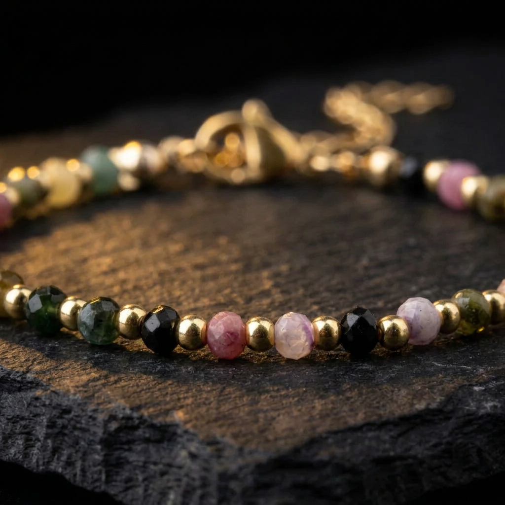 Close-up of the multicoloured tourmaline beads and gold-tone spacers on the Livloko London bracelet