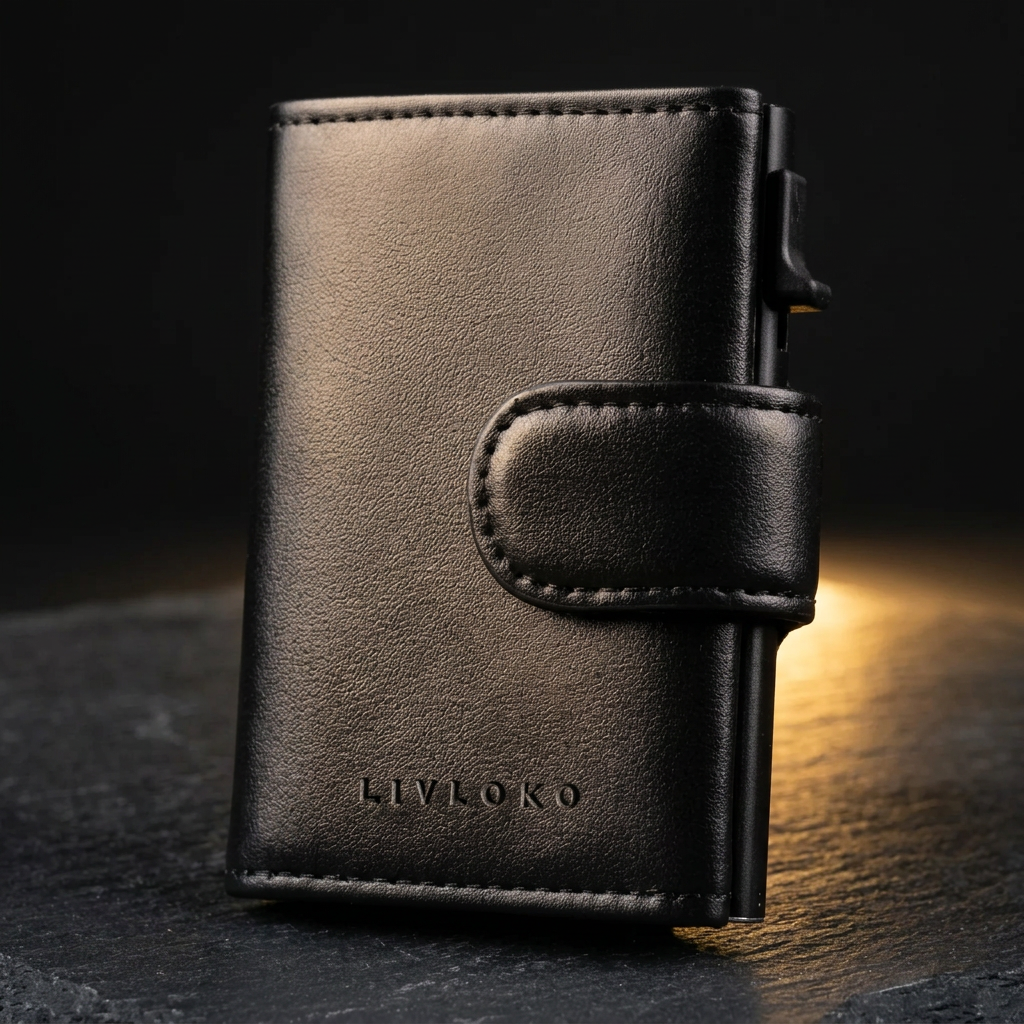 Close-up of the black vegan leather RFID pop up wallet showing the strap, stitching and embossed logo