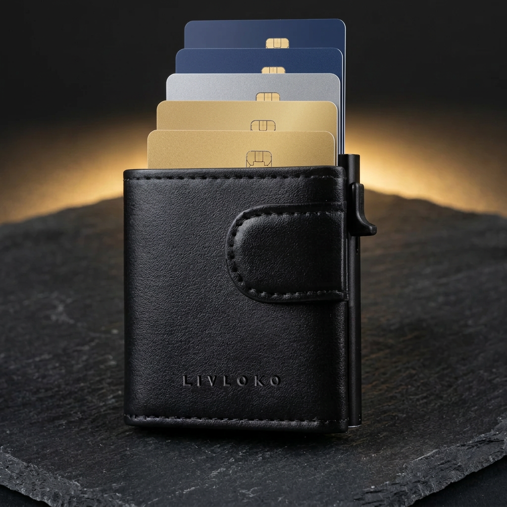 LIVLOKO London vegan leather RFID pop-up card holder with cards fanned out of the aluminium case