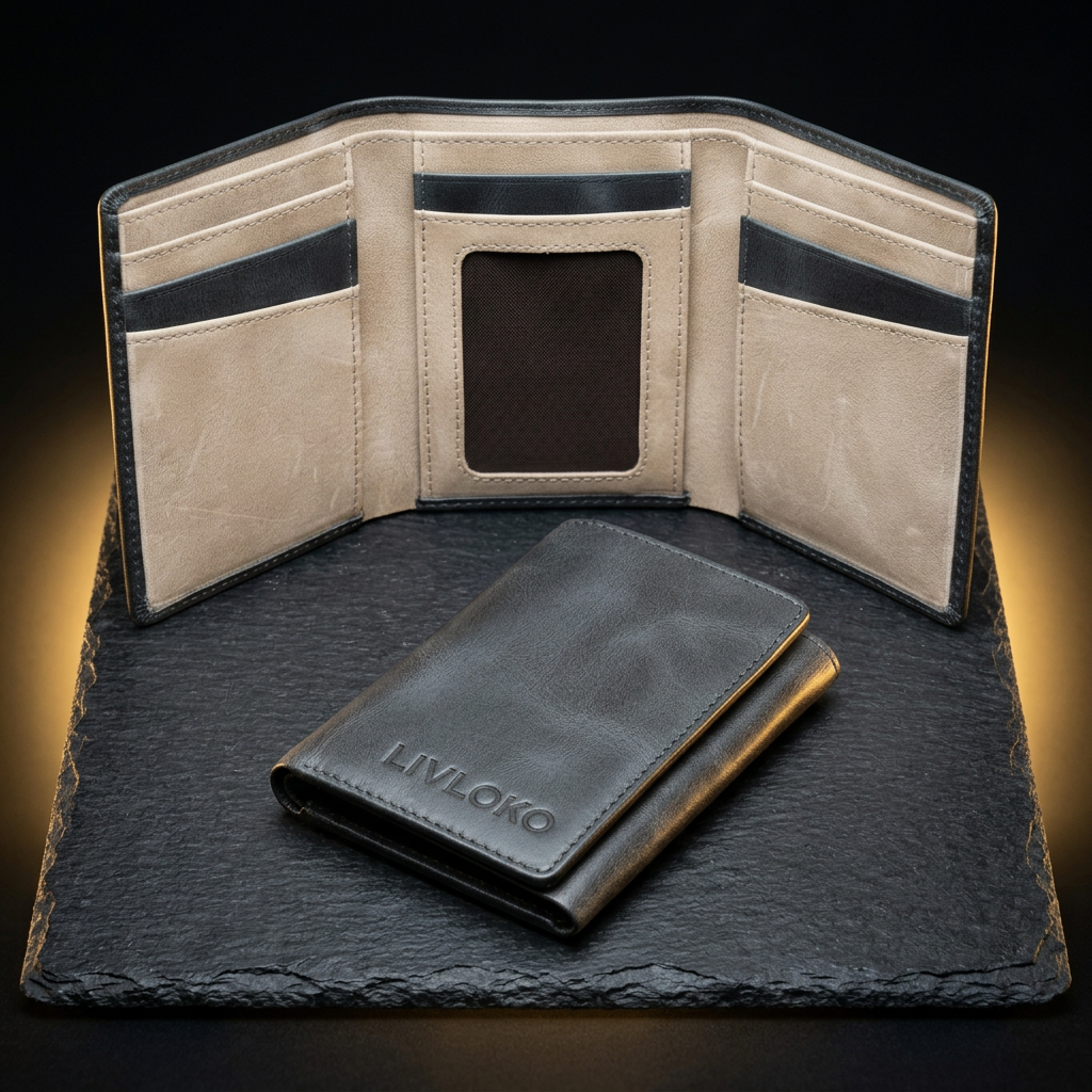 LIVLOKO London men's vegan trifold wallet with RFID blocking and ID window, shown open and closed on dark slate