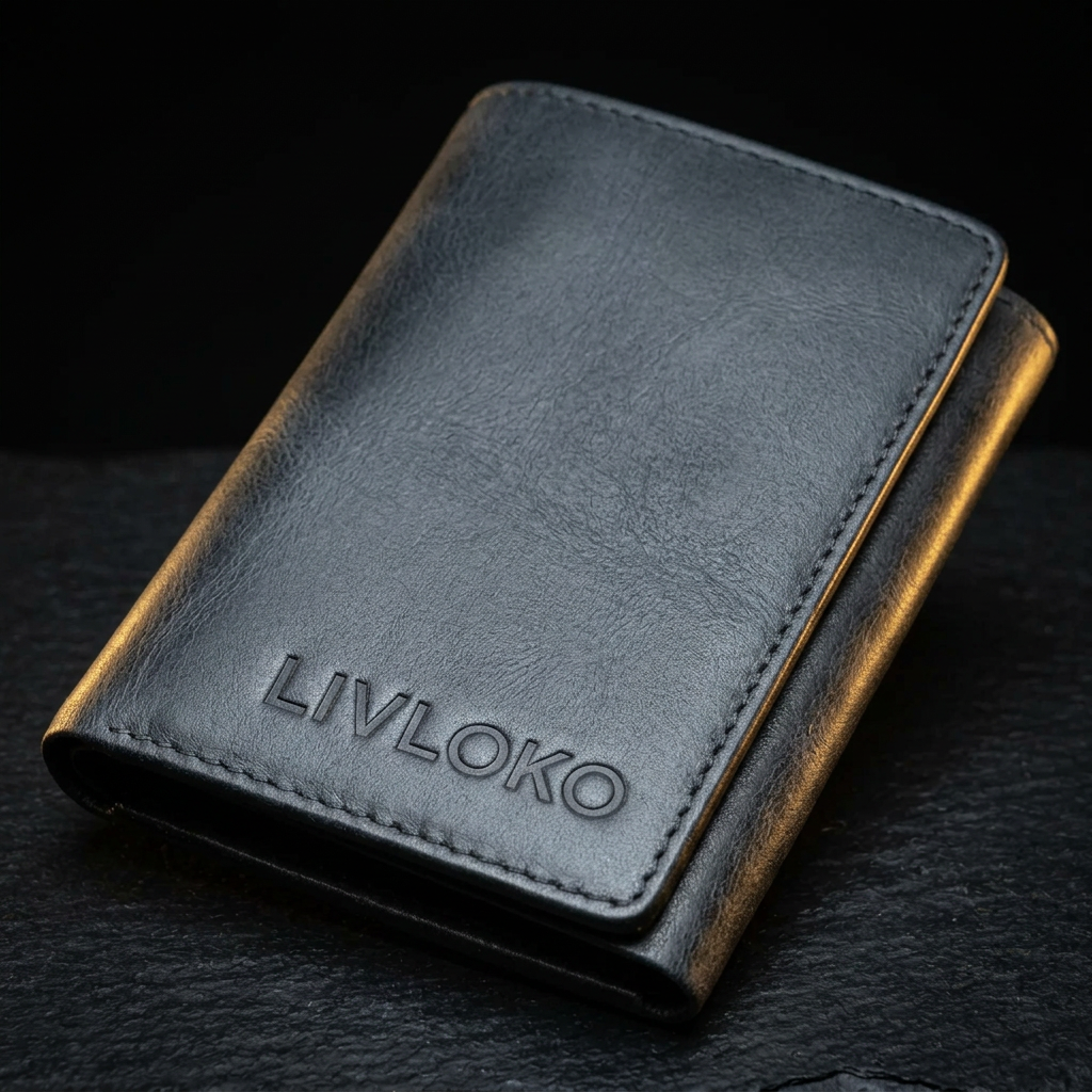 Close-up of the men's vegan trifold wallet showing the material, embossed logo and stitching