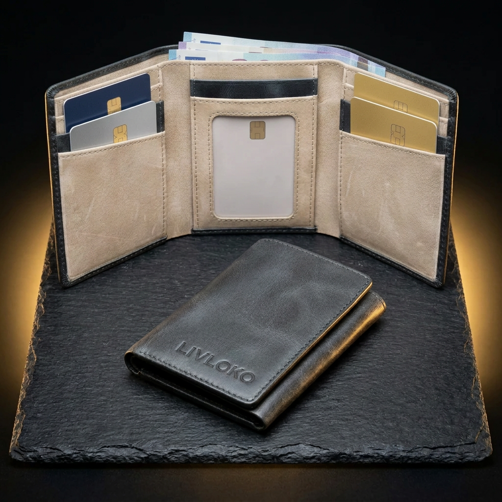 LIVLOKO London vegan trifold wallet open in use with cards, ID window and banknotes