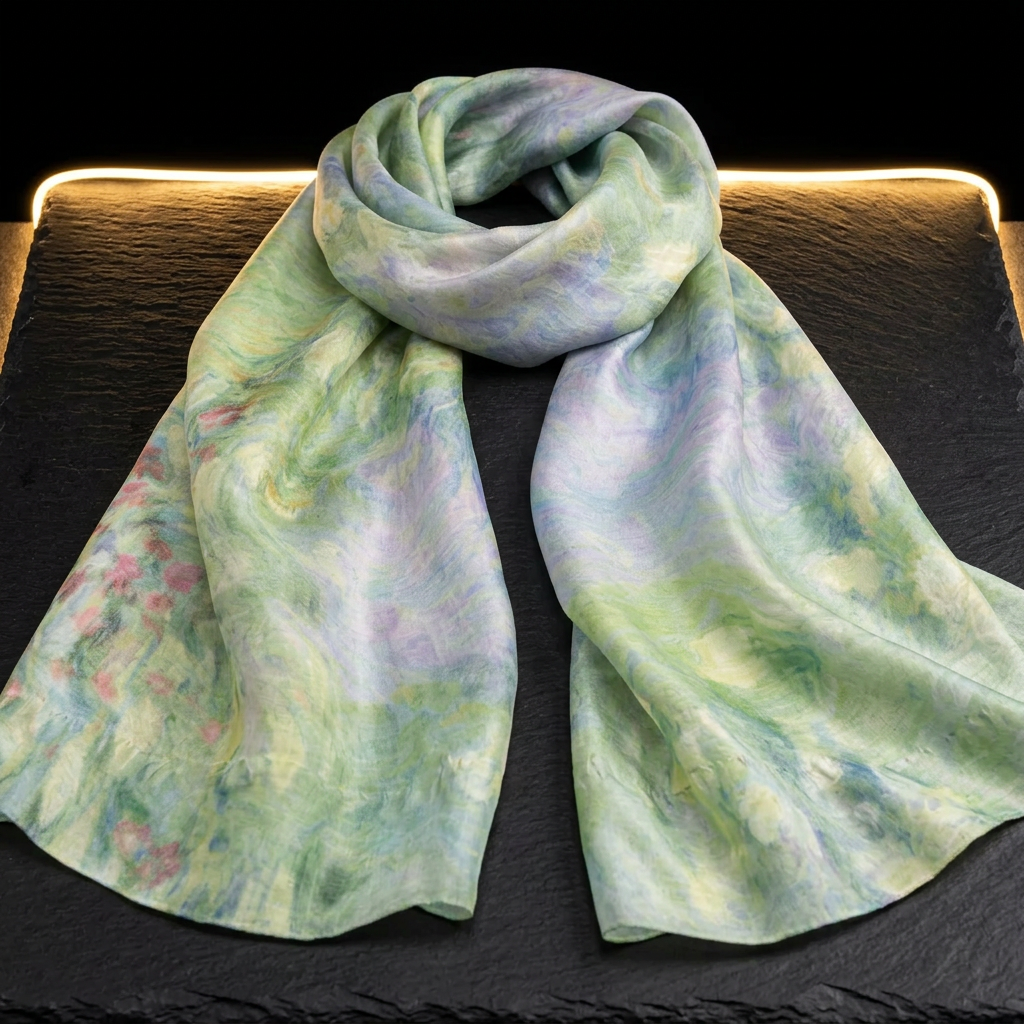 Water Lilies art print satin scarf for women in soft green, blue and pink, laid flat on dark slate