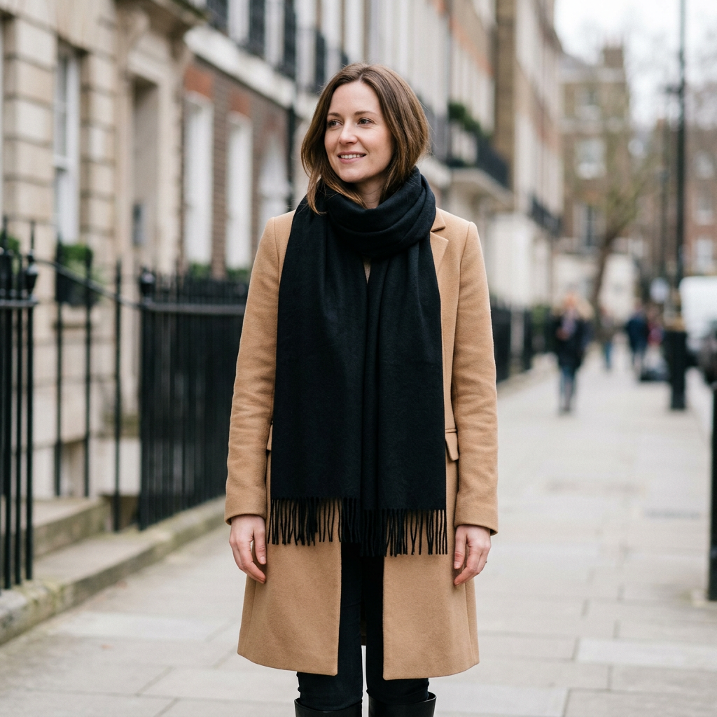 Woman in a camel coat wearing the black cashmere scarf with fringed ends on a London street