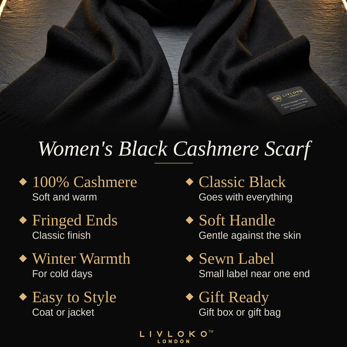 Key features of the Livloko London women's black cashmere scarf