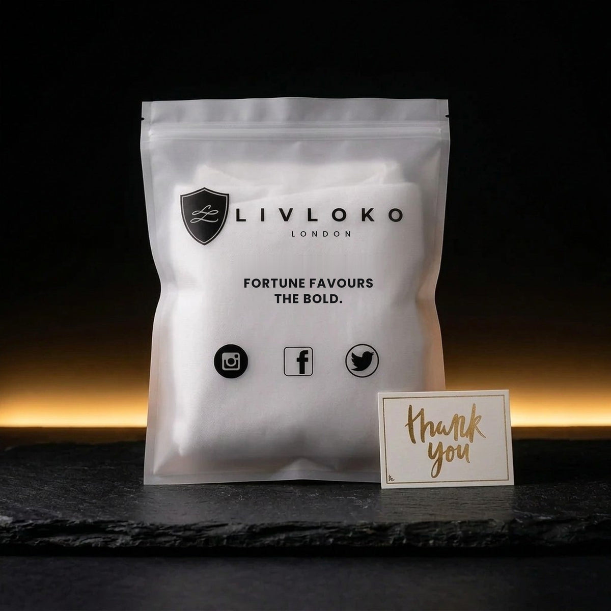 LIVLOKO London reusable gift bag and thank you card for a women's scarf or pashmina, ready to give as a gift