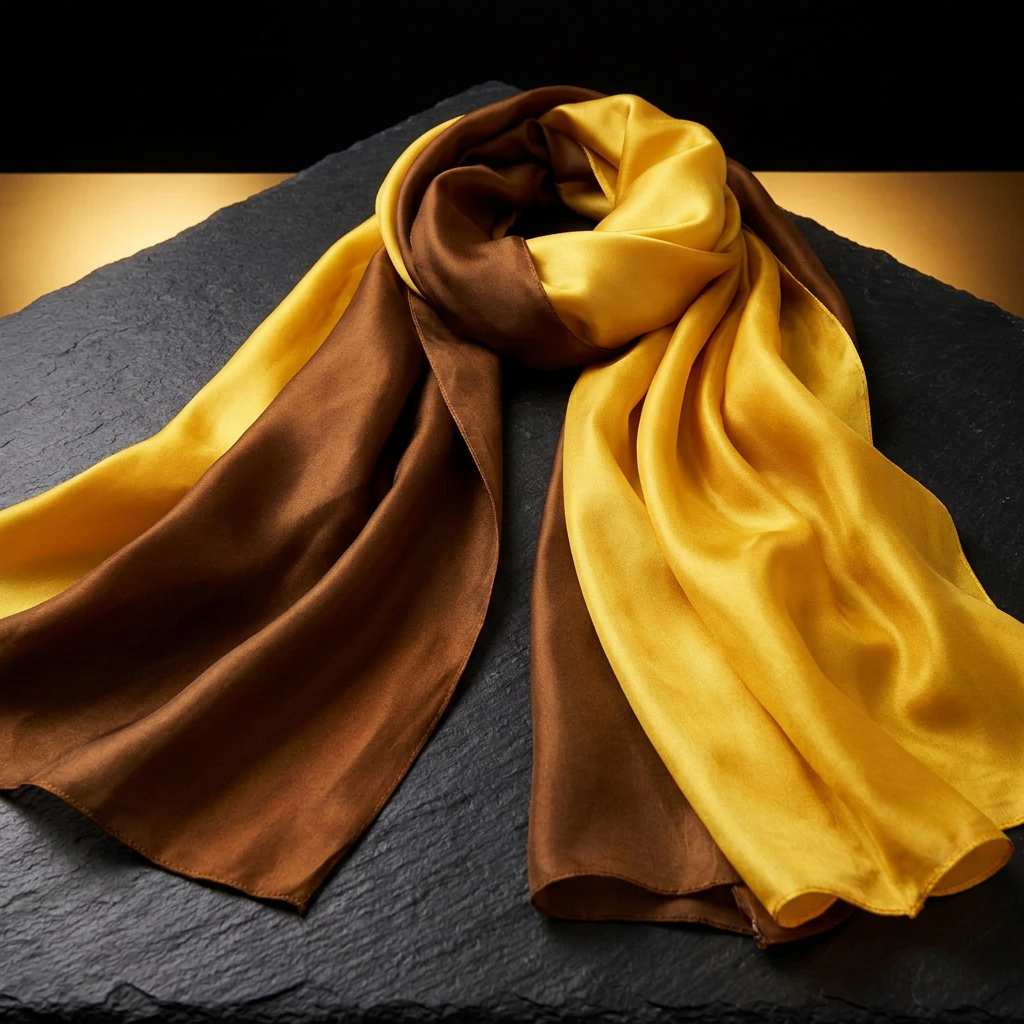 Yellow and brown two-tone satin neck scarf for women, laid flat on dark slate
