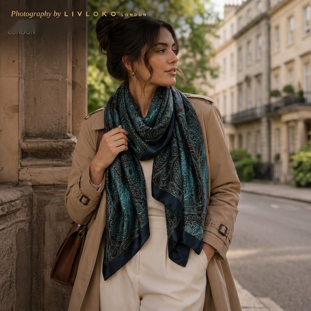 Woman wearing the LIVLOKO London Yoga Mala paisley satin scarf in London