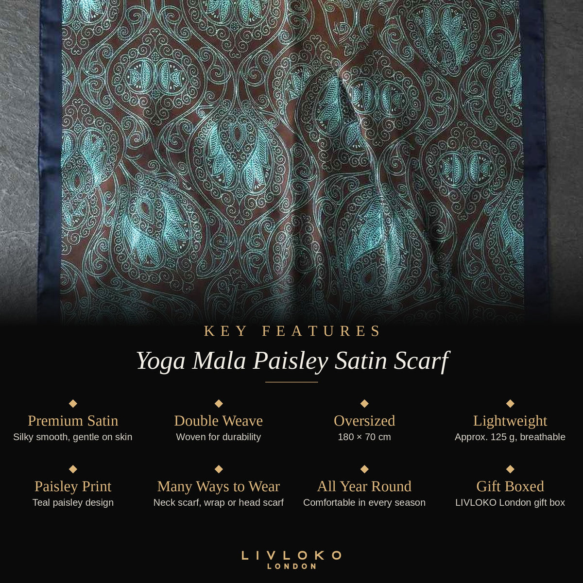 Key features of the Yoga Mala paisley satin scarf: premium satin, double weave, 180 × 70 cm, gift boxed