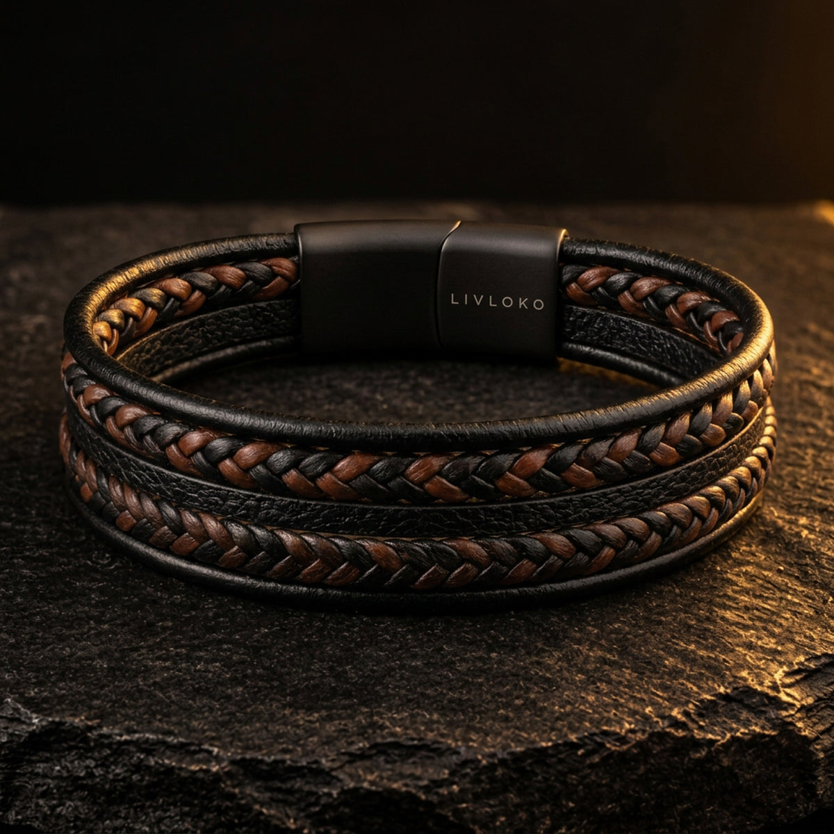 LIVLOKO London men's double braided leather bracelet in black and brown with magnetic clasp, on black stone