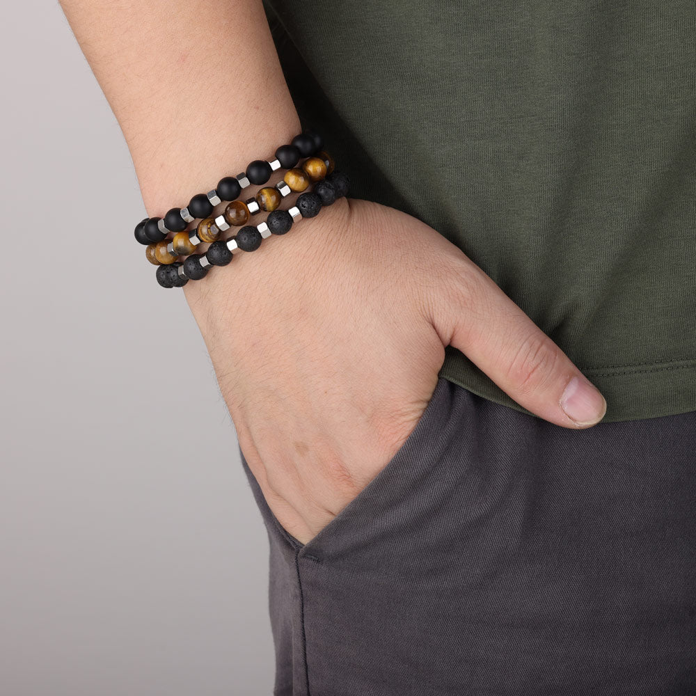 Tiger Eye Lava Rock and Agate Stacked Beaded Bracelet Tiger-eye Lava Rock and Agate Stacked Bracelet - Livloko London