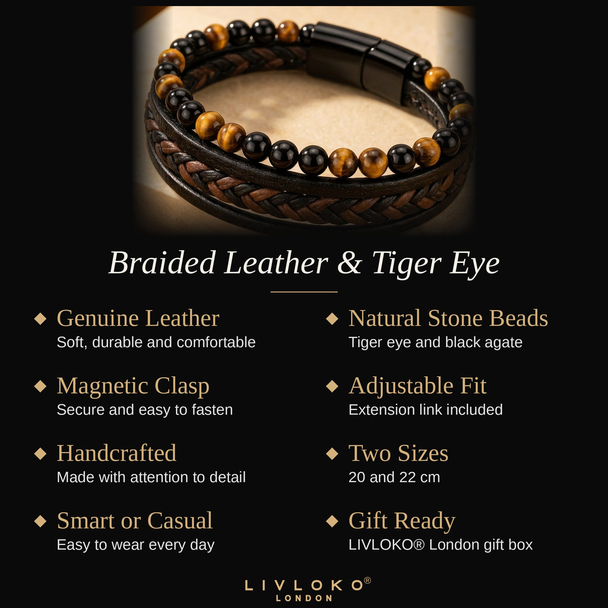 Braided leather tiger eye bracelet key features