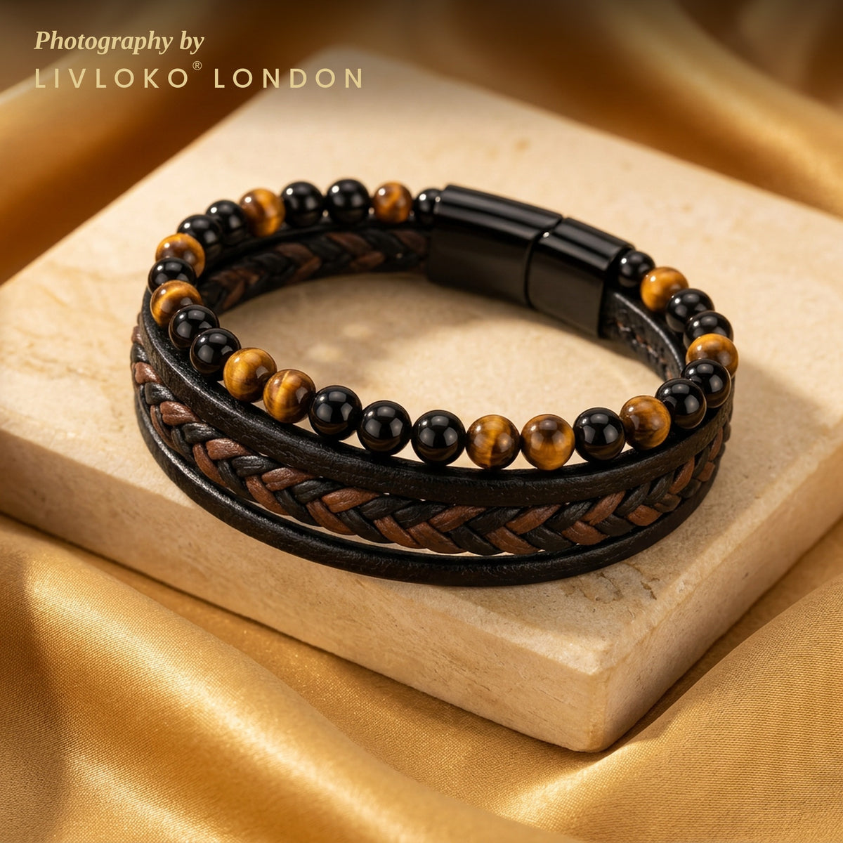 Braided leather tiger eye bracelet on gold satin