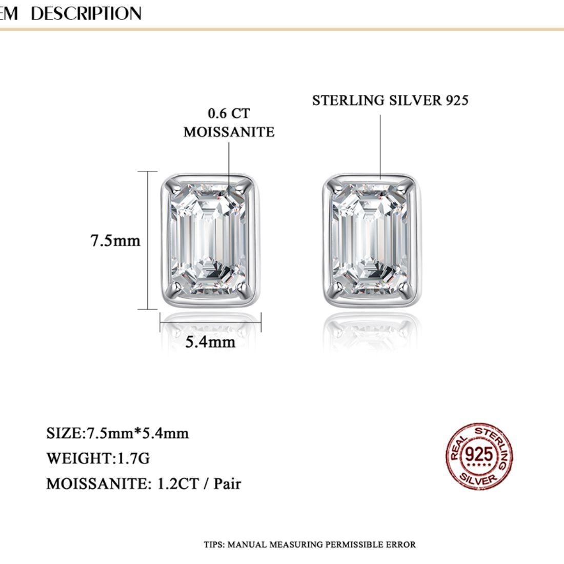 Size diagram for the rectangular stud earrings, about 7.5 mm by 5.4 mm, labelled moissanite and sterling silver 925
