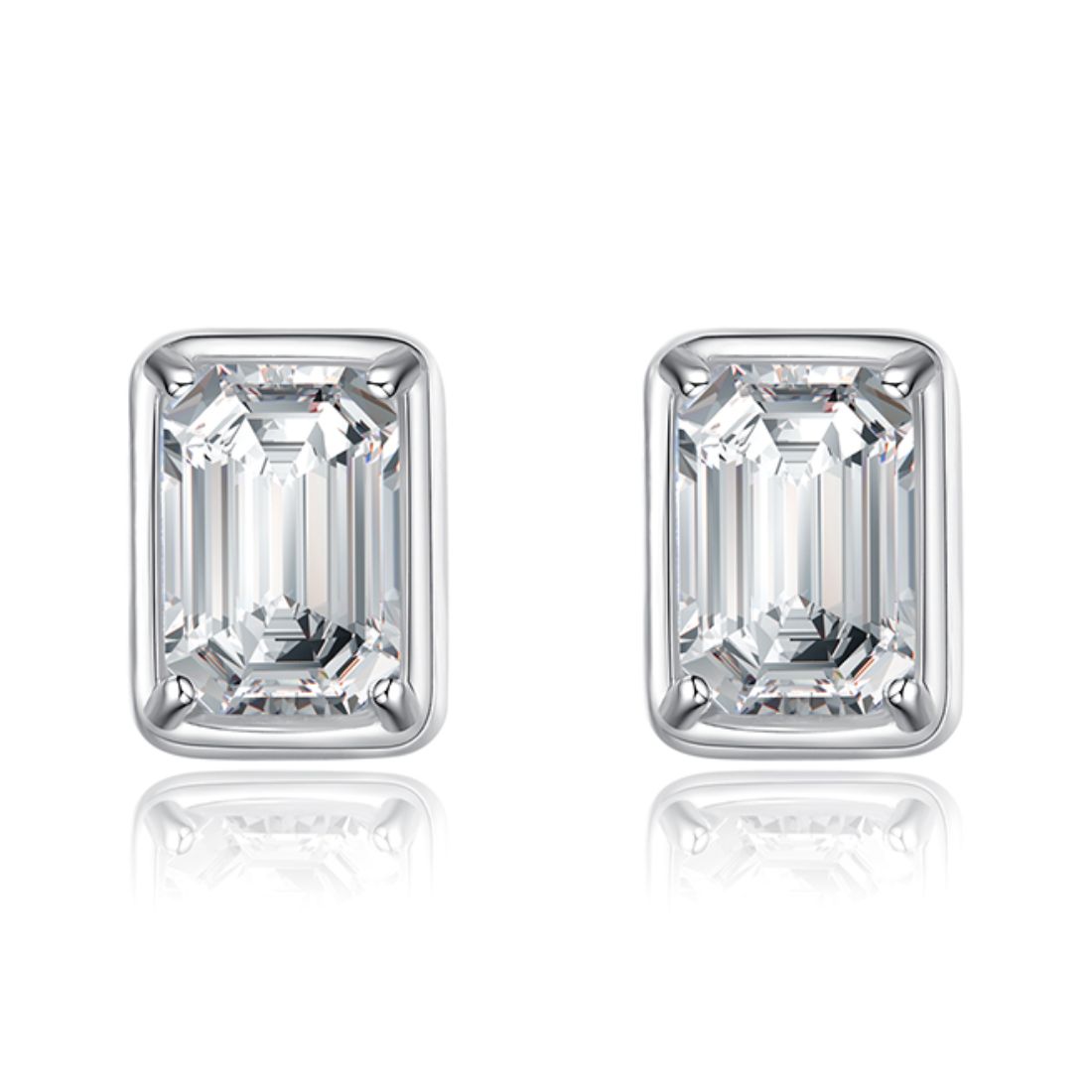 Pair of rectangular sterling silver stud earrings with emerald-cut clear stones in bezel settings, front view