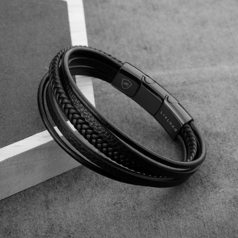 Men's Black Leather Bracelet with Braided Detail stacked bracelets