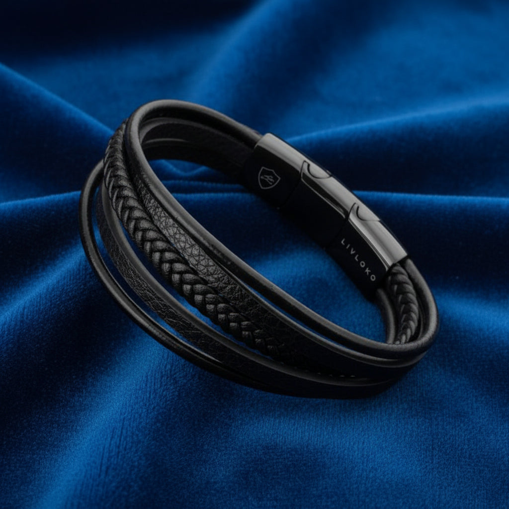 soft black leather men's bracelet