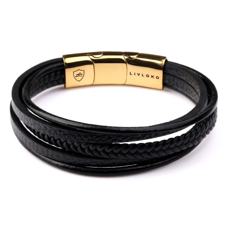 Black Gold Leather Designer Bracelet mens bracelet