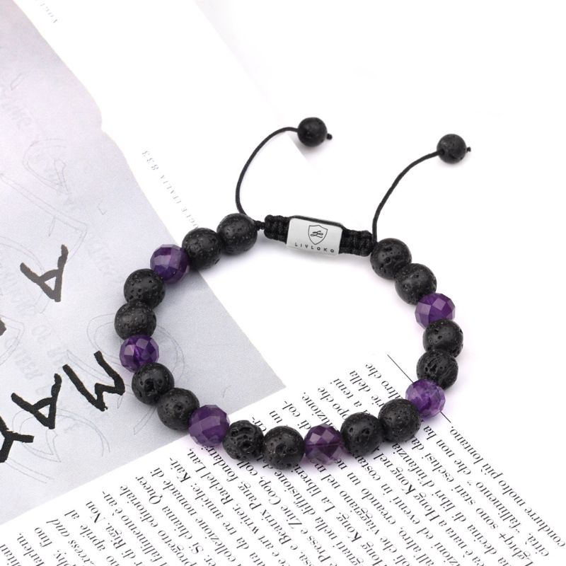 Amethyst and Lava Stone Adjustable Bracelet Amethyst and Lave Rock Stacked Bracelet - Livloko London