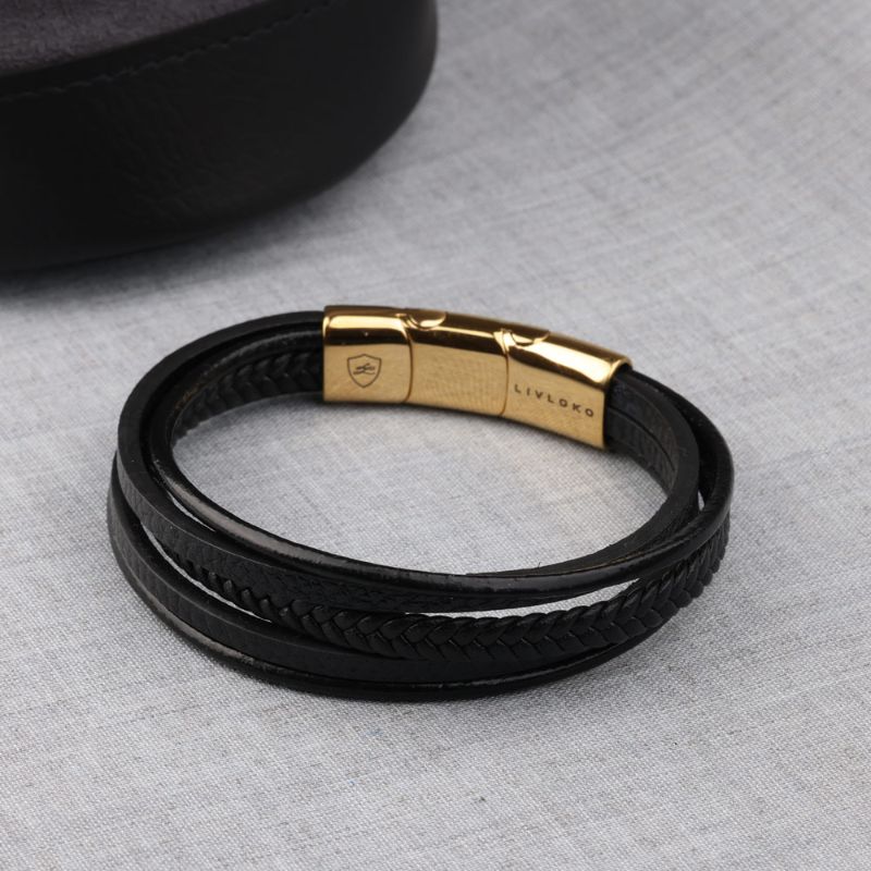 Black Gold Leather Designer Bracelet mens leather bracelet