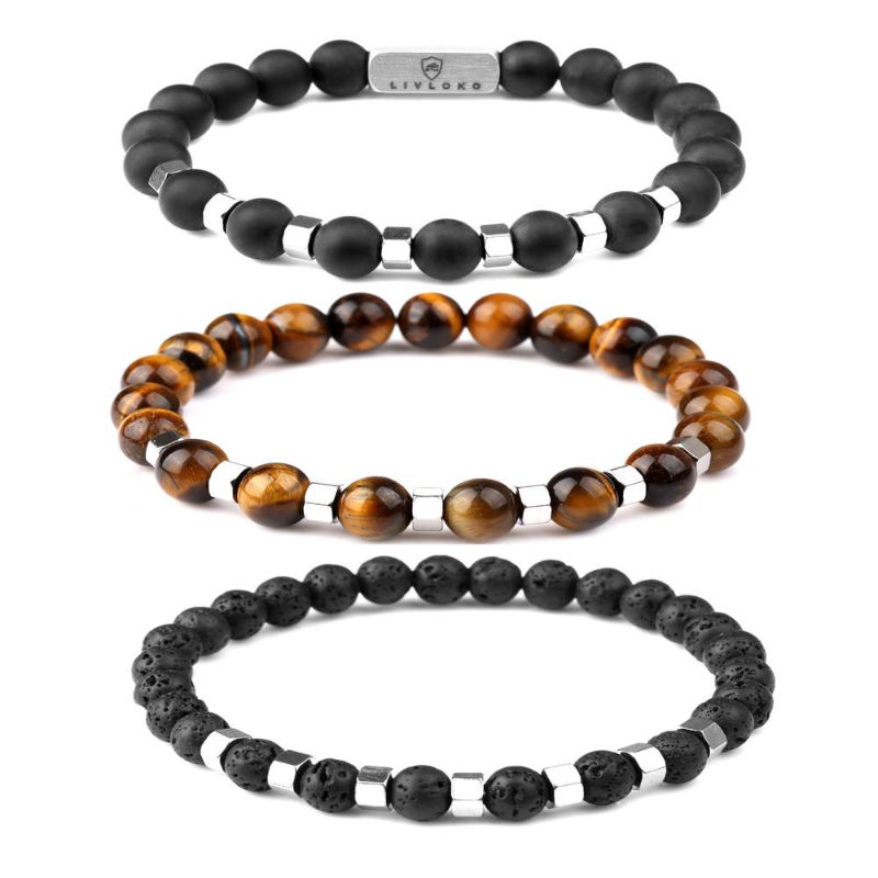 Tiger Eye Lava Rock and Agate Stacked Beaded Bracelet Tiger-eye Lava Rock and Agate Stacked Bracelet - Livloko London