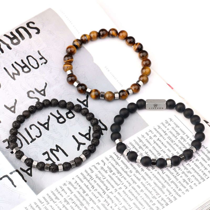 Tiger Eye Lava Rock and Agate Stacked Beaded Bracelet Tiger-eye Lava Rock and Agate Stacked Bracelet - Livloko London