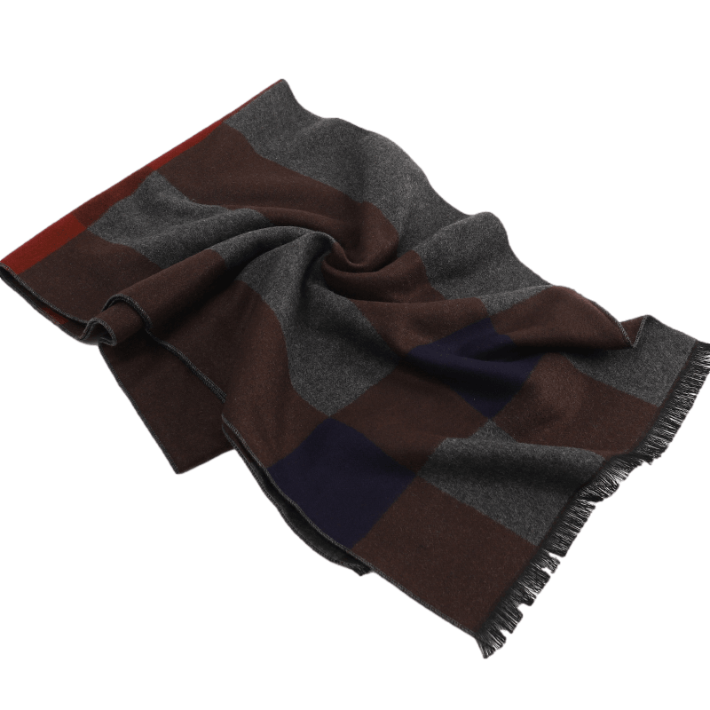 Men's Checked Wool Scarf Grey Brown Blue Red Men's Checked Wool Scarf Grey Brown Blue Red - Livloko London