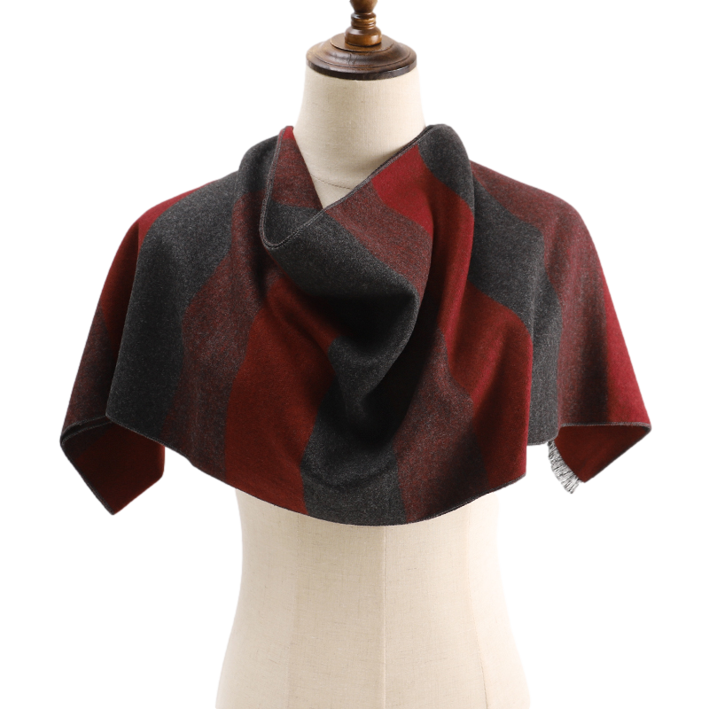 Men's Striped Wool Scarf Red Brown Grey, draped on a dress form