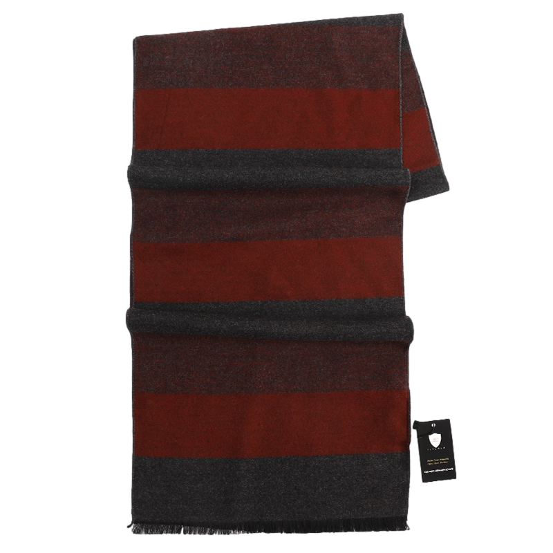 Men's Striped Wool Scarf Red Brown Grey, laid flat