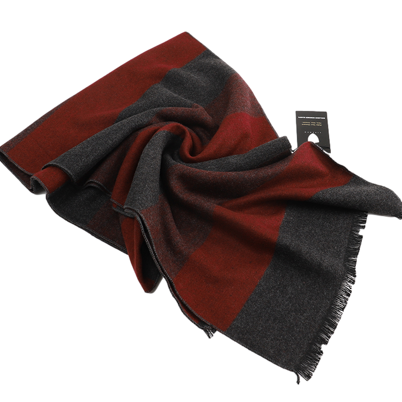 Men's Striped Wool Scarf Red Brown Grey, folded beside its product tag