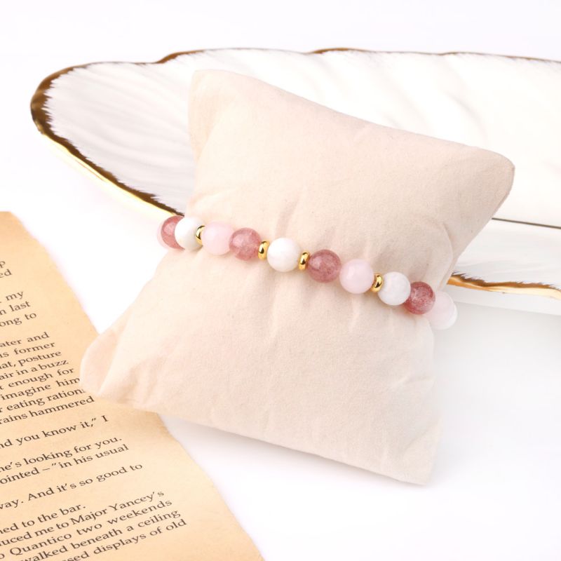 Rose Quartz Bracelet with Moonstone and Strawberry Quartz Moonstone, Rose & Strawberry Quartz Crystal Bracelet on a foam