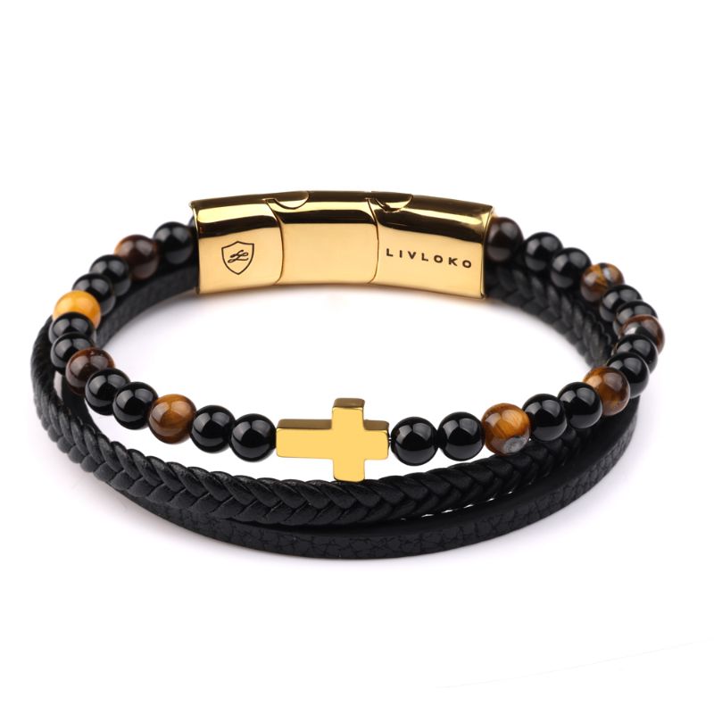 Black Leather Bracelet with Gold Cross and Tiger Eye Beads mens bracelet