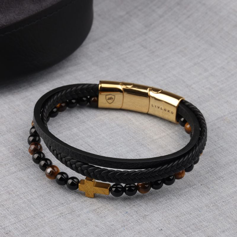 Black Leather Bracelet with Gold Cross and Tiger Eye Beads mens leather bracelet