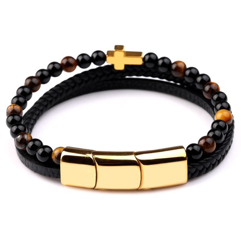Black Leather Bracelet with Gold Cross and Tiger Eye Beads mens beaded bracelets