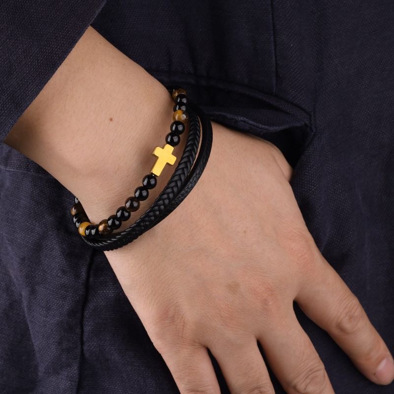 Black Leather Bracelet with Gold Cross and Tiger Eye Beads mens wristband