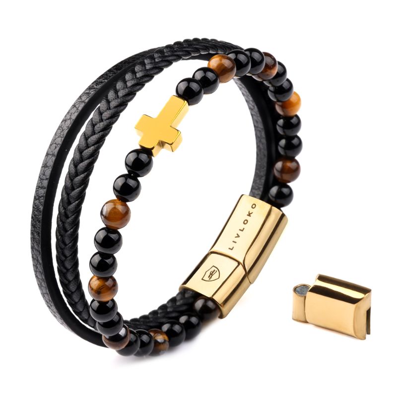 Black Leather Bracelet with Gold Cross and Tiger Eye Beads bracelets for men