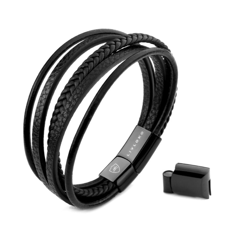 Men's Black Leather Bracelet with Braided Detail leather braided mens bracelets